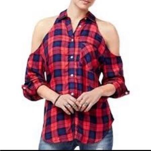 Anthropologie seven sisters red and dark navy blue flannel open shoulders